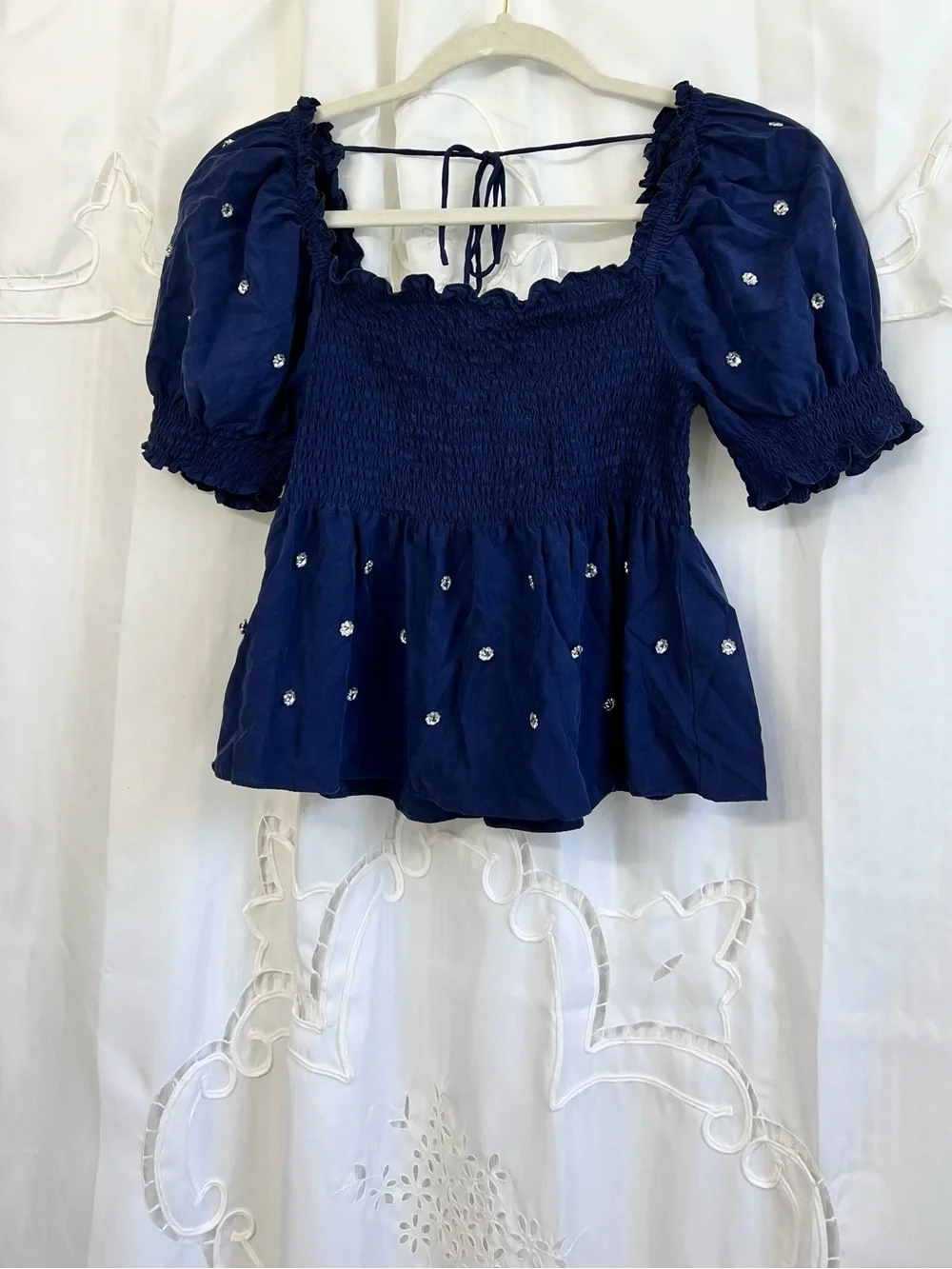 Hill House Home Jewel Jammie Top Navy Crystal Smocked Size Small